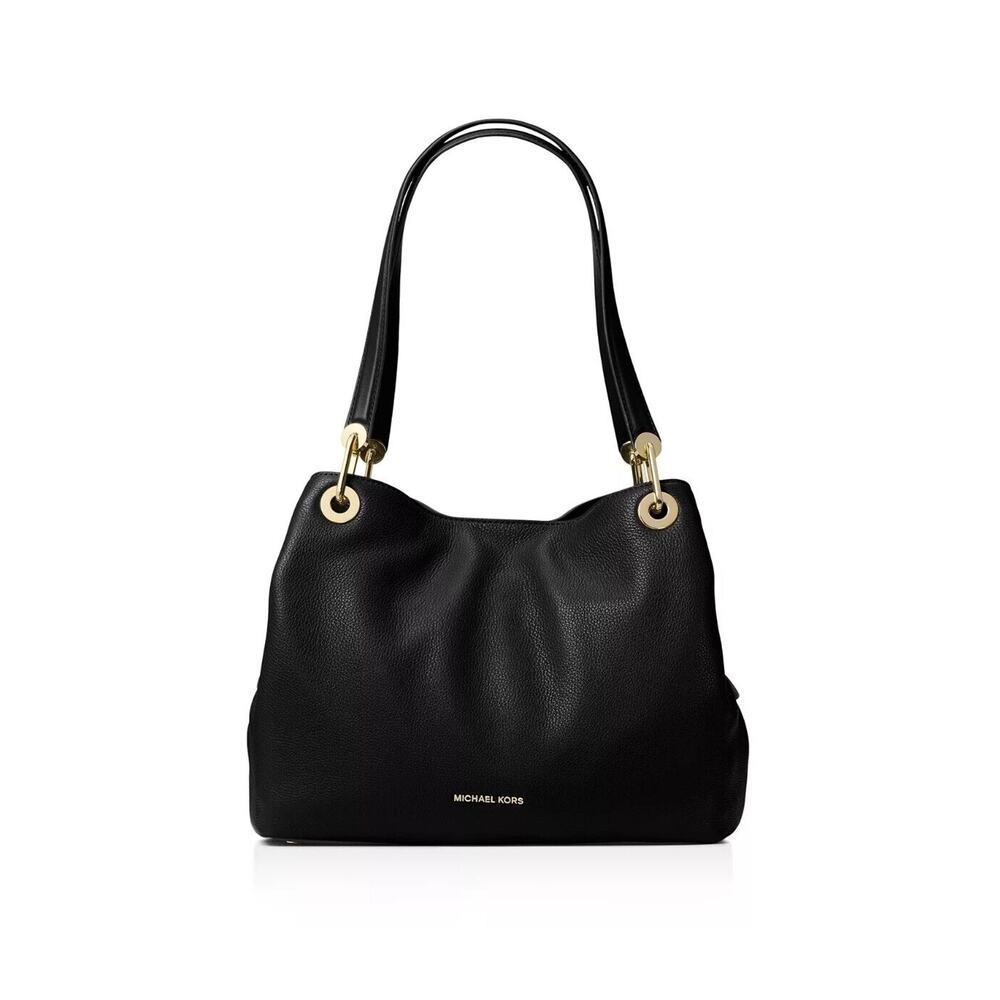 MICHAEL Kors Black Gold Raven Large Pebbled Leather Shoulder Tote Bag